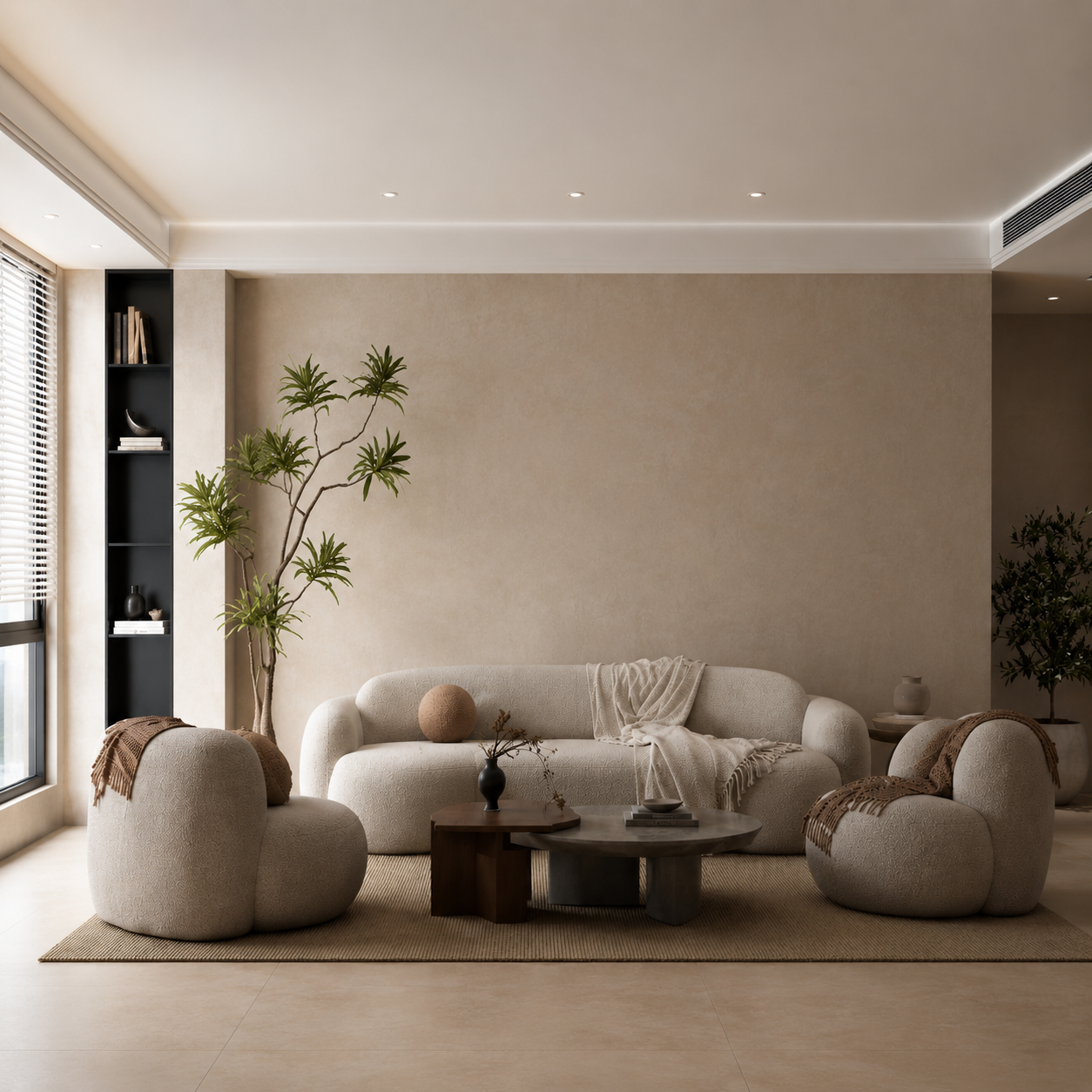 Luxury living room with warm textured walls and curated furnishings