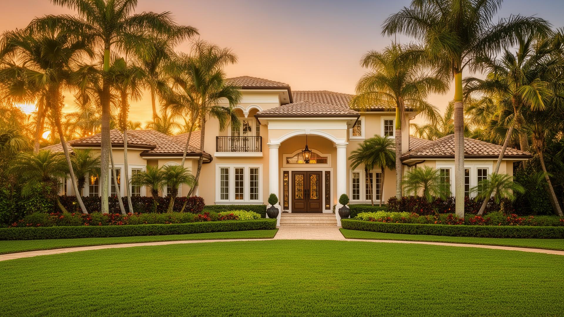 Mediterranean-style luxury home exterior at golden hour in Boca Raton